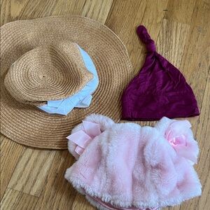 Set Lot of 3 Pink and Tan Kids Hat Set Sizes 0-9 months GUC